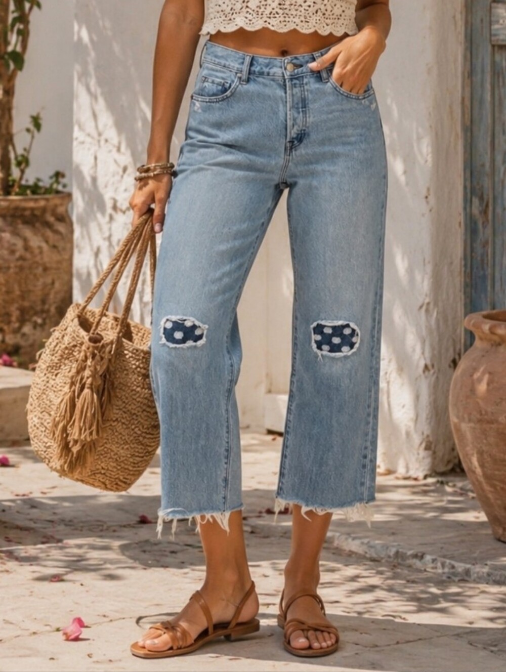 J. Brand Patchwork High Rise Crop Straight Jean Fray Hem Button Fly Size 30